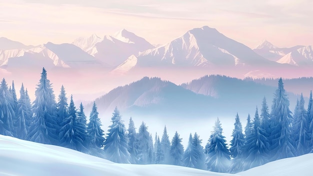 Photo this is a beautiful winter landscape with snowcovered mountains and trees the sun is rising and casting a pink and purple glow over the scene
