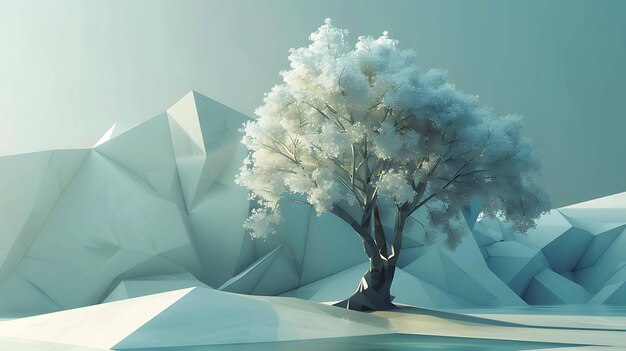 This is a beautiful winter scene with a snowcovered tree and mountains in the background The tree is in the foreground and it is covered in snow