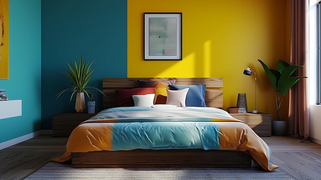 これは青と黄色の壁の寝室です