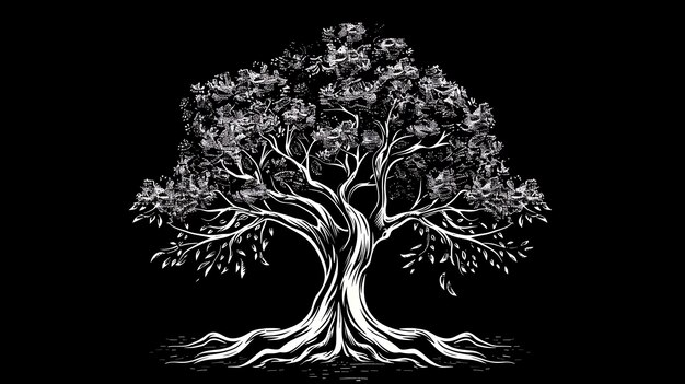 This is a black and white drawing of a tree with many branches and leaves