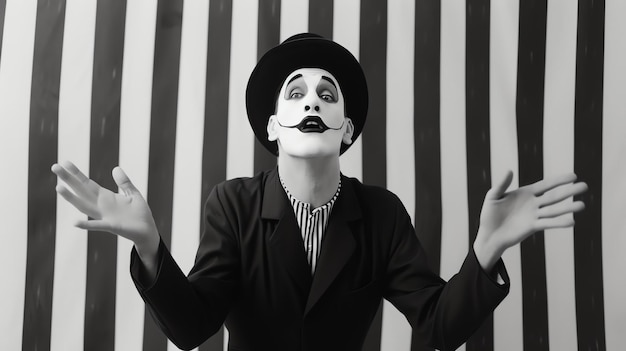 This is a black and white photo of a mime with a painted white face wearing a black hat and suit with hands raised in the air performing in front o