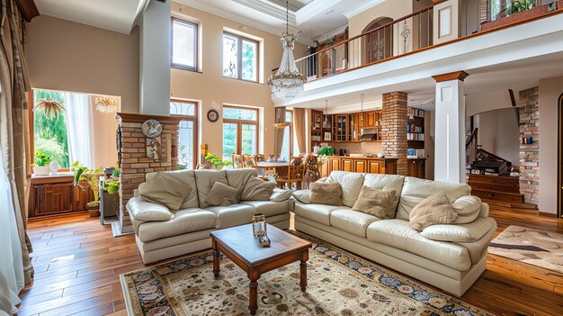 This is a bright and inviting living room with a high ceiling and a mezzanine