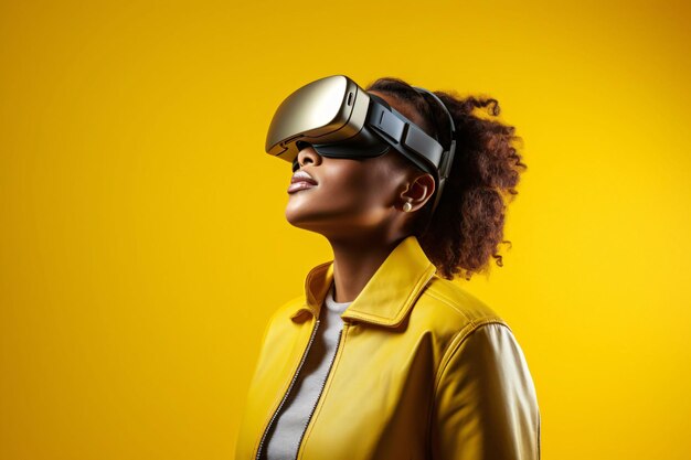 This is bright and modern photo on yellow studio background that shows person in virtual reality
