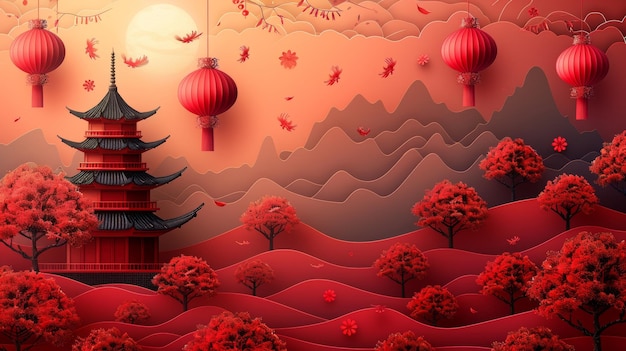 This is a card background modern for the Chinese New Year 2024 with a golden lantern fireworks and chinese pattern Elegant oriental illustration for books banners websites and calendars