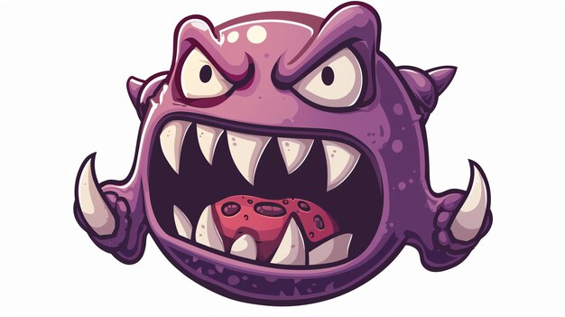 Photo this is a cartoon of a mean looking purple bacteria with big sharp teeth and claws