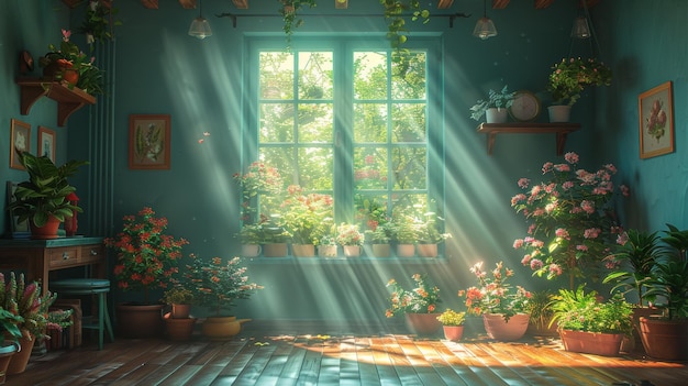 This is a children39s room with a tiny corner of sunlight on the floor The art is digitally rendered in CG and has a realistic cartoon style