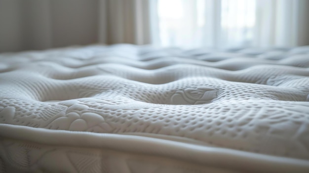 This is a closeup image of a white textured mattress The mattress is clean and new and it is covered in a soft quilted fabric