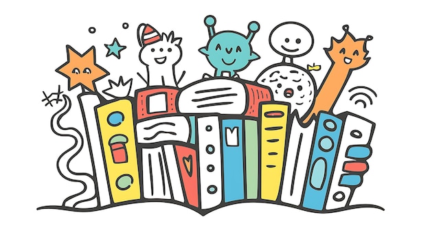 This is a colorful illustration of a stack of books with some cute and quirky characters on top of them