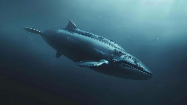 This is a digital painting of a whale The whale is blue and white and is swimming in the ocean