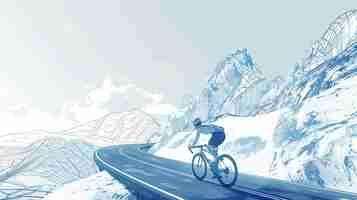 Photo this is a drawing of a cyclist riding up a mountain road the cyclist is wearing a blue jersey and black shorts