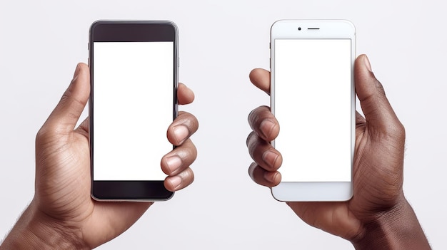 Это передний крупный план двух рук, держащих смартфоны с белым пустым экраном, показывающим использование устройств, обменивающихся медиа-файлами, касающимися монитора и имеющими свободное место на мониторе