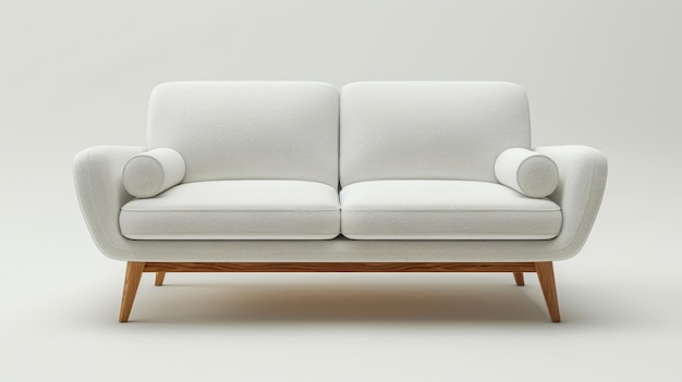 This is a front view of a modern sofa with white fabric isolated on a white background