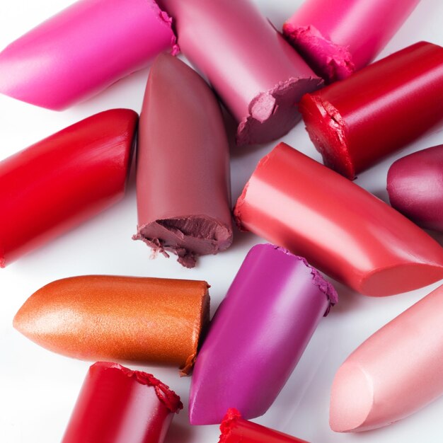 This is a girls best freind shot of lipsticks lying loosely against a white backdrop