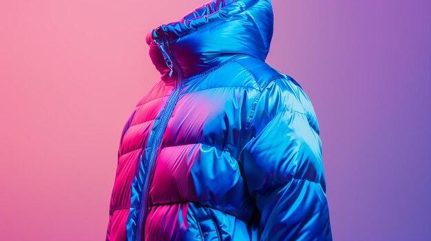 This is a highquality photorealistic image of a blue puffer jacket with a high collar