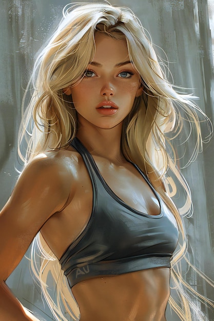 this is an illustration of a beautiful blonde woman with a fit physique standing confidently full b