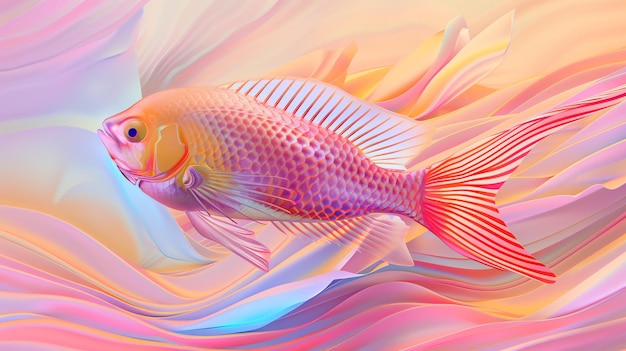 Это иллюстрация красивой рыбы. Рыба имеет розово-желтое тело и длинный хвост. Она плавает в море красочных волн.