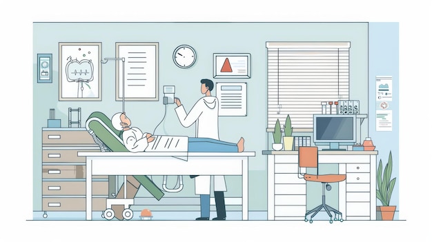 This is an illustration depicting a patient in a hospital laboratory It has a flat design style with a minimal modern style