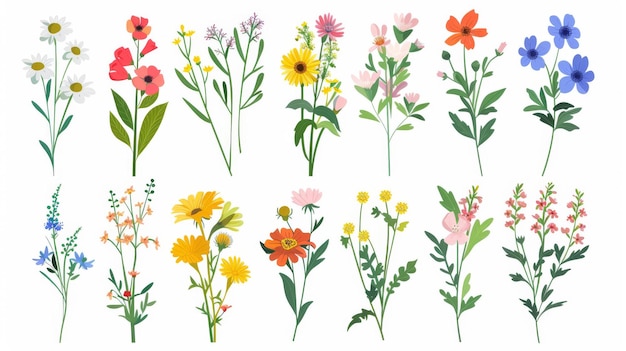 This is an illustration set of different beautiful bouquets with garden and wild flowers isolated on white A collection of various blooming plants with stems and leaves is arranged in this bouquet