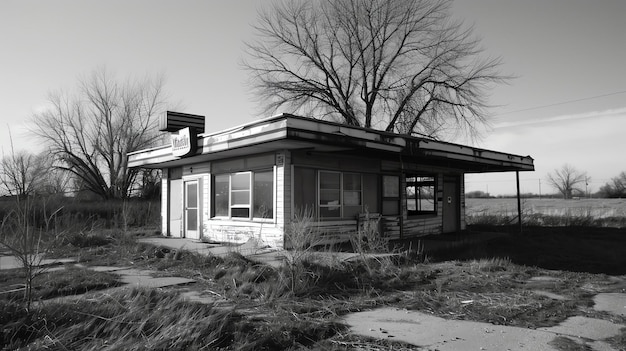 Photo this is an image of an abandoned gas station the station is located in a rural area and it appears to have been closed for some time