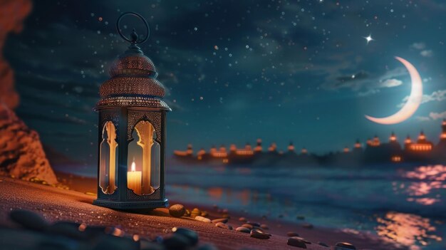 This is an image of a beautiful lantern lamp on the beach with a crescent moon in the night sky