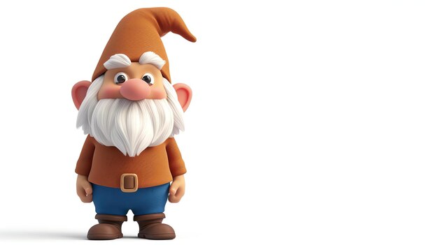 This is an image of a cute and friendly garden gnome He is wearing a brown hat and blue pants with a long white beard and a big smile on his face