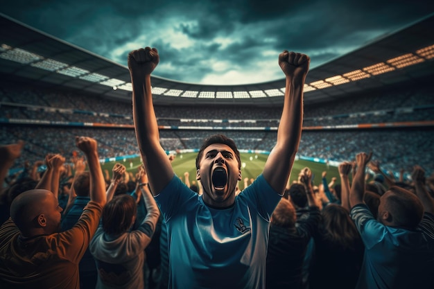 This is an image depicting passionate fans cheering in a soccer stadium The stadium is filled with