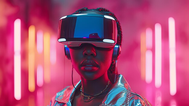 This is an image of an excited young AfricanAmerican lady wearing VR glasses touching something invisible in the copy space A millennial female is experiencing an adventure in virtual reality