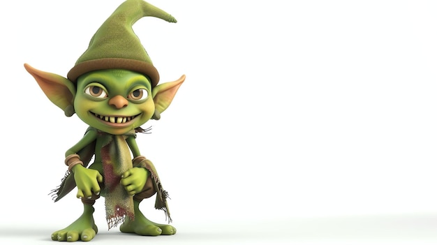 Photo this is an image of a green goblin he is wearing a brown hat and a ragged scarf he has a friendly smile on his face and is looking at the camera