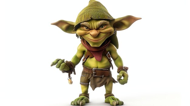 Photo this is an image of a green goblin he is wearing a brown hat and a red scarf he has a key in his hand he is smiling and looking at the camera