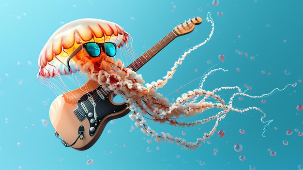 Photo this is an image of a jellyfish playing the guitar the jellyfish is orange and has sunglasses on the guitar is brown and has a black pickguard