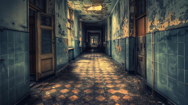 This is an image of a long abandoned hallway with bluegreen tiles on the walls and brown tiles on the floor