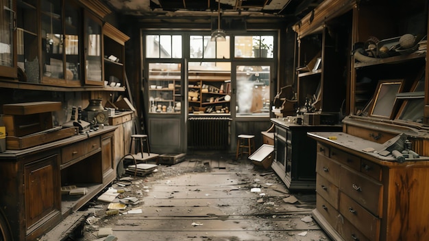 This is an image of a messy abandoned room The room is filled with old furniture and debris and the floor is covered in dust