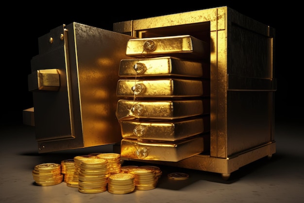 This is an image of a stack of golden ingots in a bank vault