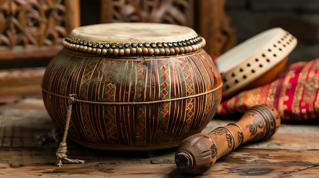 Photo this is an image of a traditional african drum the drum is made of wood and has a goatskin head it is decorated with intricate carvings and beads