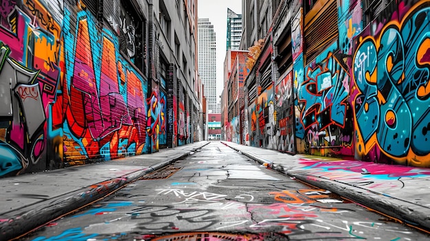 Foto questa è un'immagine di una strada urbana con graffiti sulle pareti. la strada è stretta e buia e i graffiti sono colorati e vivaci.