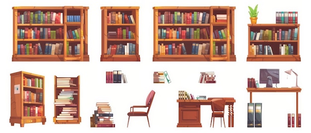 This is an interior furniture set for a public library or bookshop with wooden cabinets shelves with rows of paper books desks with stacks of literature chairs and a potted plant