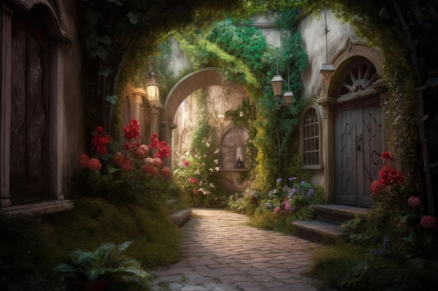 This is an ivy covered alleyway in a fantasy world in the style of photorealistic renderings Generative AI