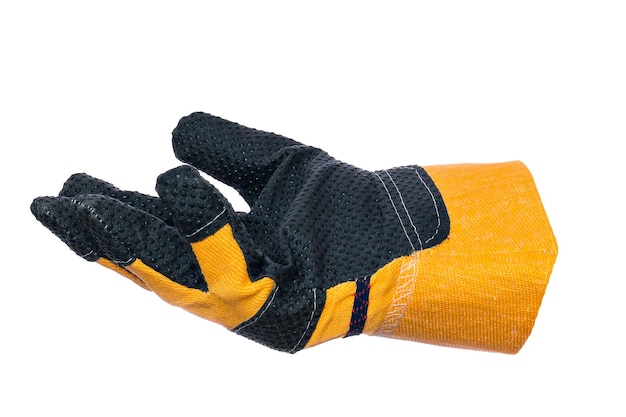 This is kind of one construction glove insulated on white background Yellow crag with palm up Collage object