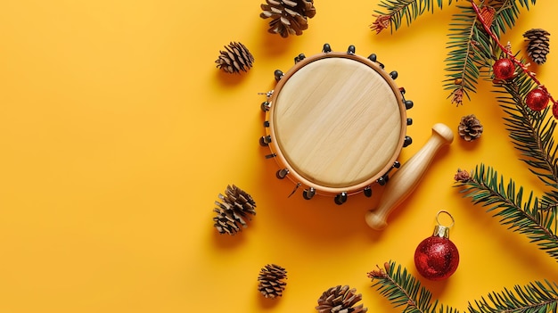 Photo this is a lizenzfreies image of a frame drum with a drumstick and some pine cones and christmas ornaments on a yellow background