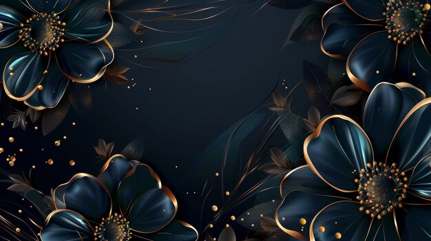 This is a luxury gold wallpaper design with a black and golden background A floral wall art design with dark blue and green colors as well as shiny golden light texture is featured in this modern