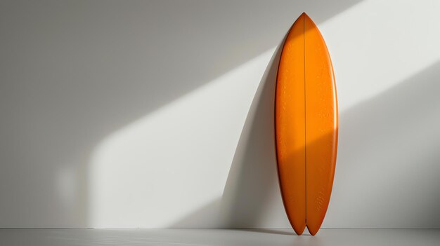 This is a minimal 3D render of a surfboard The surfboard is orange and has a glossy finish It is standing upright against a white wall