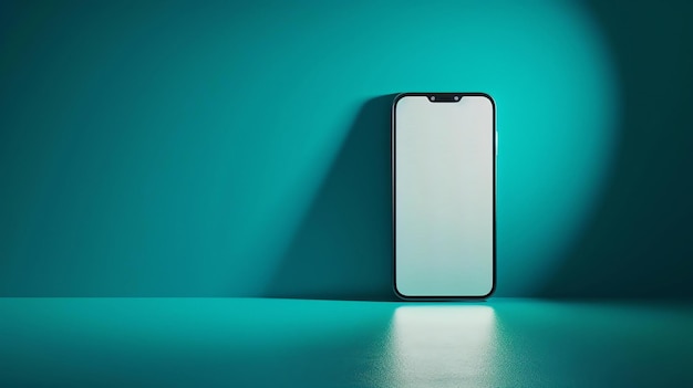 This is a minimal 3d rendering of a smartphone the device is placed on a reflective surface against a teal background