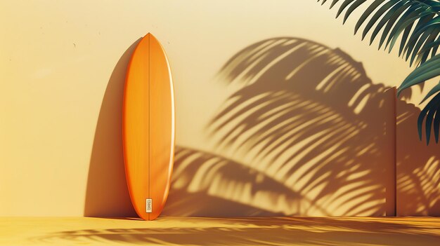 This is a minimal 3D rendering of a surfboard propped up against a wall with a palm tree shadow on the wall