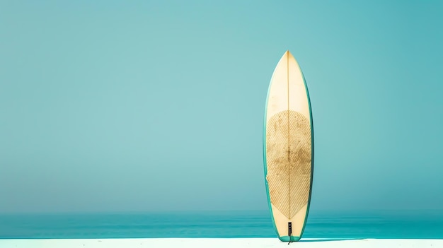 Foto questa è un'immagine minima e pulita di una tavola da surf in piedi su una superficie bianca contro uno sfondo blu dell'oceano e del cielo