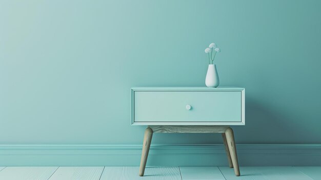 This is a minimal interior scene with a blue wall and a blue table with a vase of flowers on it The floor is white and the table has a white drawer