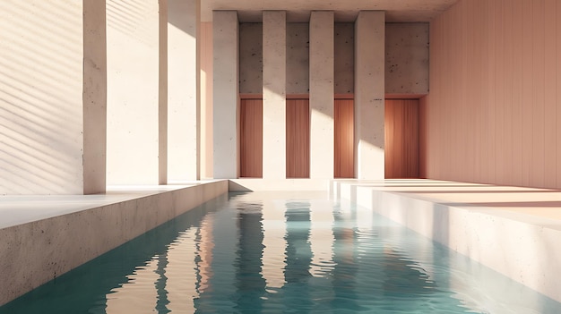 This is a minimal and serene 3D rendering of an indoor swimming pool The pool is surrounded by concrete walls and wooden doors