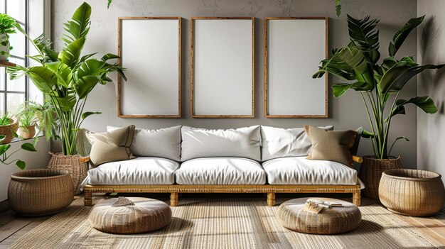 This is a mockup poster frame in a modern interior background living room Scandinavian style rendered in 3D and illustrated in 3D