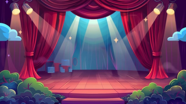 Foto questa è una moderna illustrazione di cartone animato di un palco teatrale con tende rosse e proiettori. mostra un palco di legno vuoto, tende di velluto di lusso e decorazioni con nuvole e cespugli.