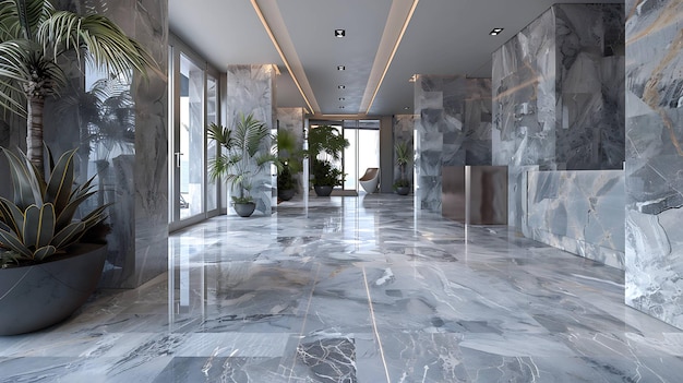 This is a modern hotel lobby with marble floors and walls There are plants in the lobby and a large window at the end of the hall