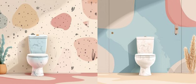 トイレトイレの洗の前と後の2つのイラスト - 洗会社のためのコンセプト - 汚れと清潔なトイレットボウルを示す平らなアニメイラスト